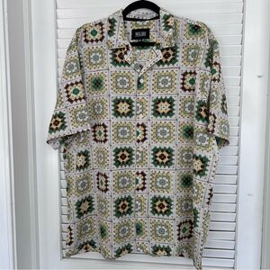 Malibu By Drill Men's Retro Printed Granny Squares Green Shirt Short Sleeve XL